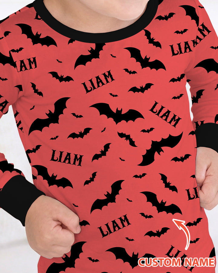 Black Bat Halloween Custom Name Bamboo Two Piece Long Sleeve Pajama Set