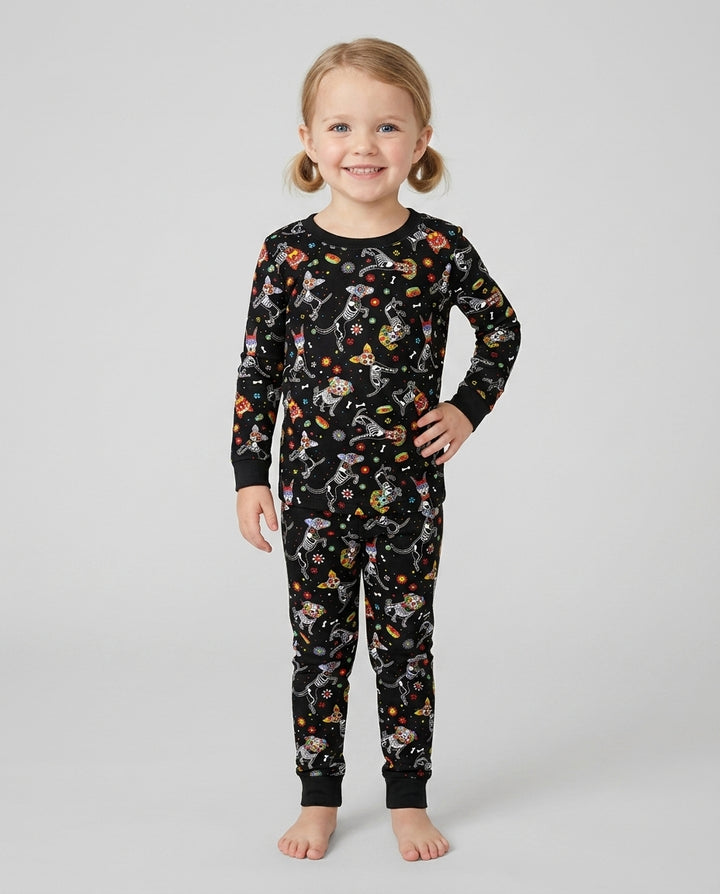 Sugar Skull Día de los Muertos Halloween Dog Mexican Bamboo Two Piece Long Sleeve Pajama Set