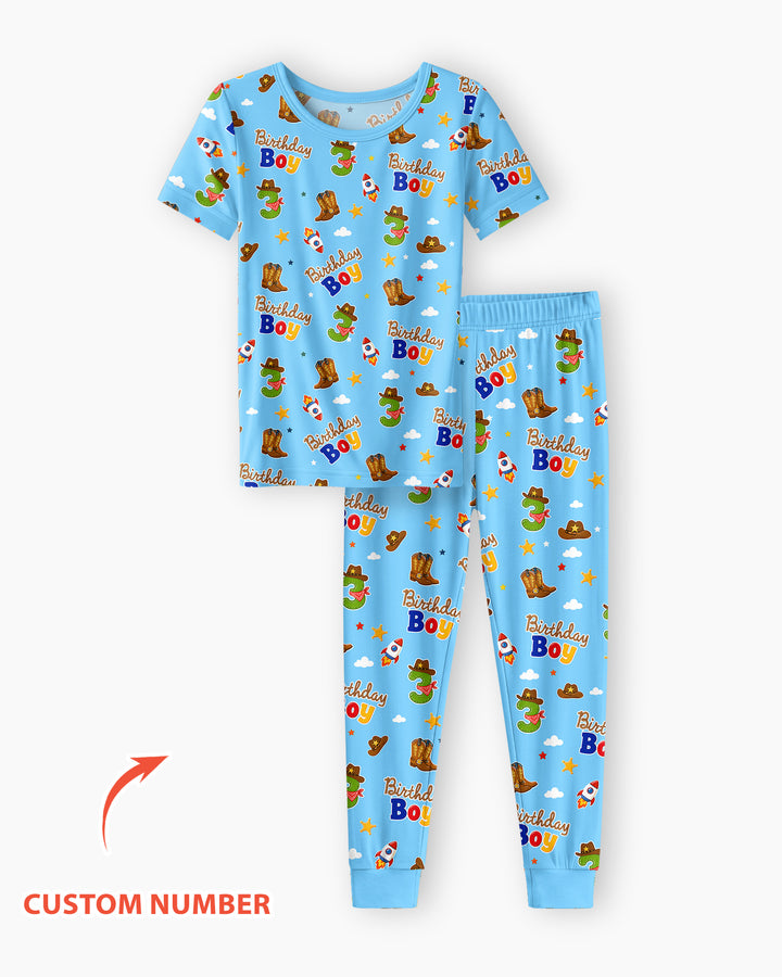 Custom Birthday Western Boy Bamboo Two Piece Short Sleeve Pajama Set