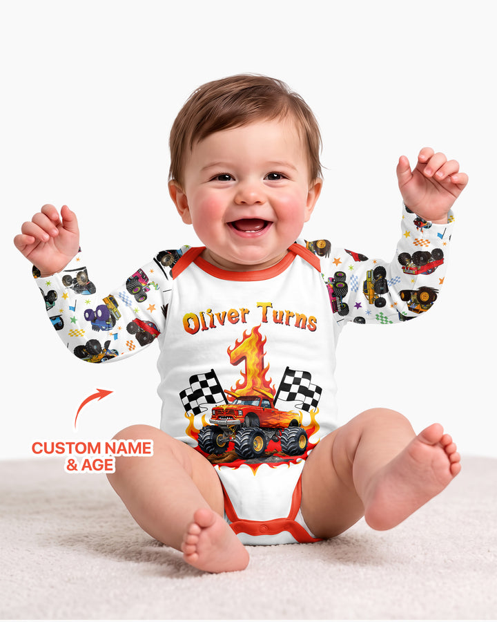 Monster Truck Birthday Boy Custom Name Bamboo Bodysuit