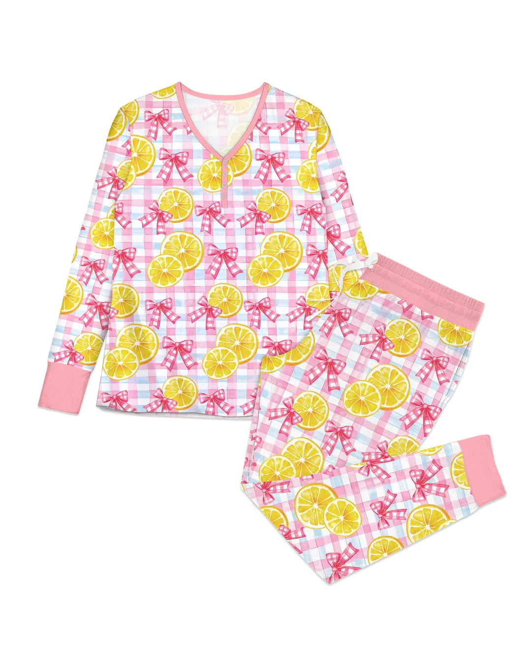 Pink Lemons Schleifen Kariertes Bambus Damen Schlafanzug Set