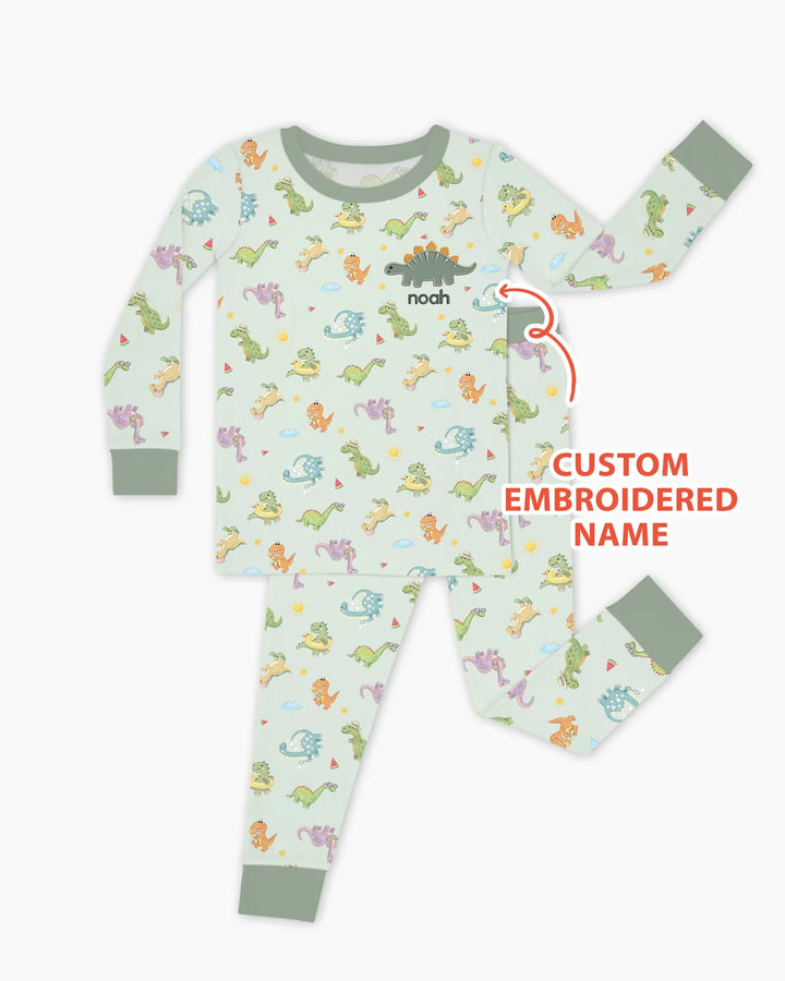 Custom Embroidered Name Summer Dinosaur Bamboo Two Piece Long Sleeve Pajama Set