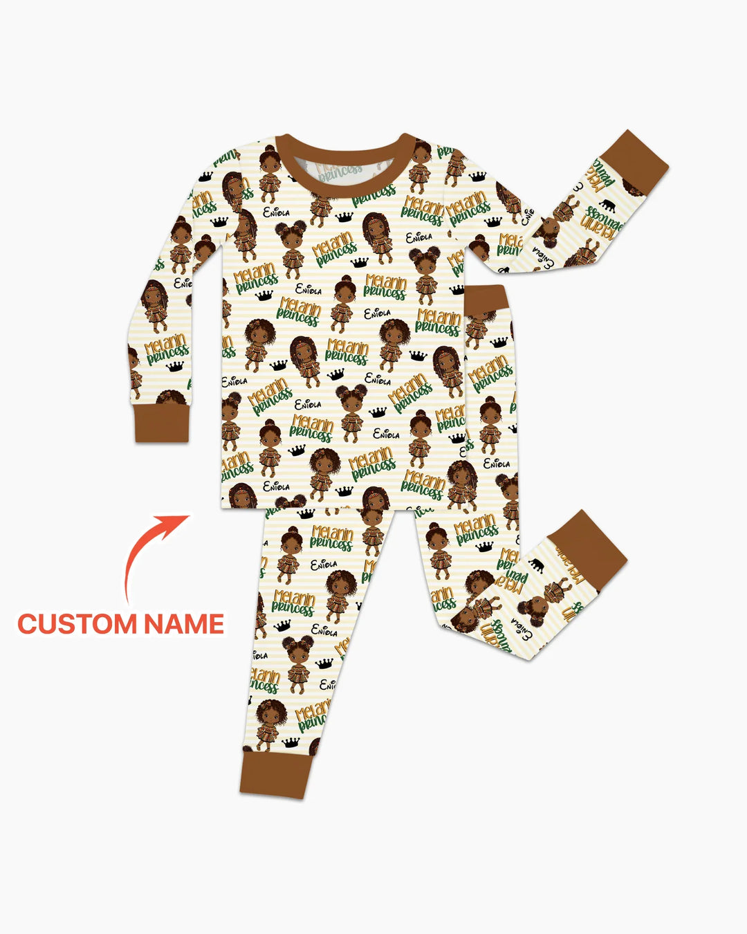 Custom Name Melanin Princess Bamboo Two Piece Long Sleeve Pajama Set