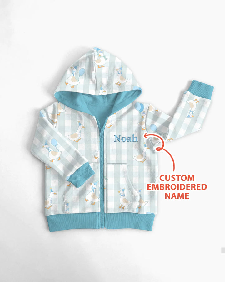 Personalisierter bestickter Geburtstag Baby Bambus Kapuzenpullover mit Reißverschluss