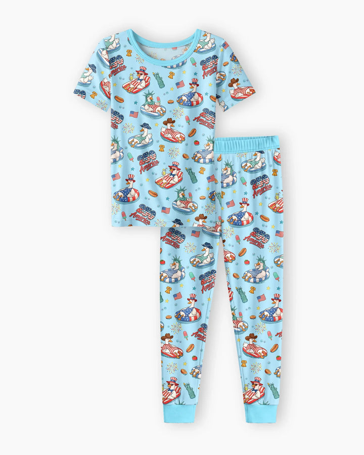 250 America Patriotic Goose Family Matching Bamboo Two Piece Short Sleeve Pajama Set