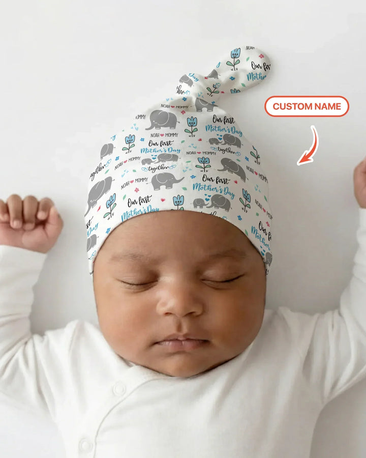 Custom Name Elephant Our First Mother's Day Bamboo Knotted Hat