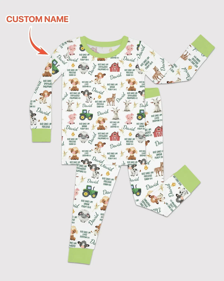 Custom Name God Says I Am Farm Animals Bamboo Two Piece Long Sleeve Pajama Set