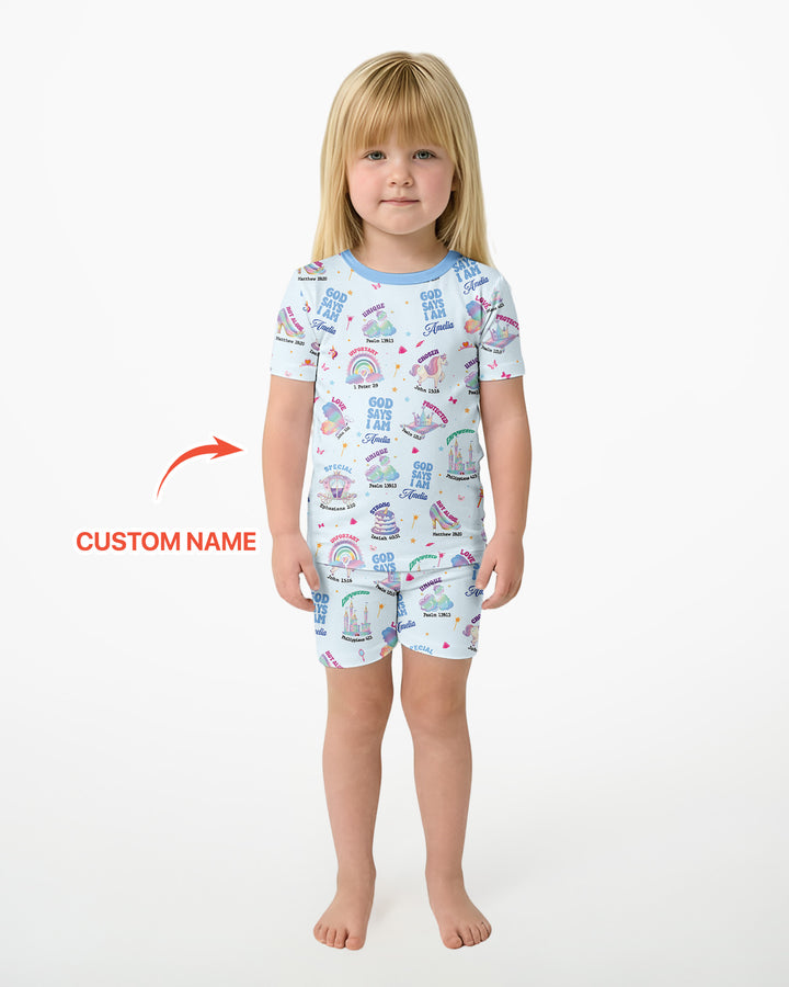 God Says I Am Custom Name - Dreamy Princess Bamboo Two Piece Short Sleeve Pajama Set