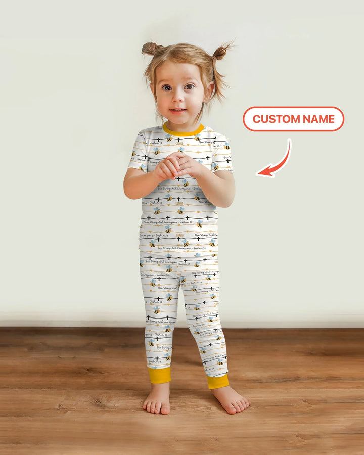 Bee Strong And Courageous Custom Name Bamboo Two Piece Short Sleeve Pajama Set