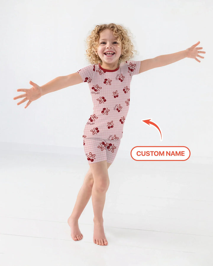 Cherry Mom and Me Bamboo Two Piece Short Sleeve Shorts Pajama Set