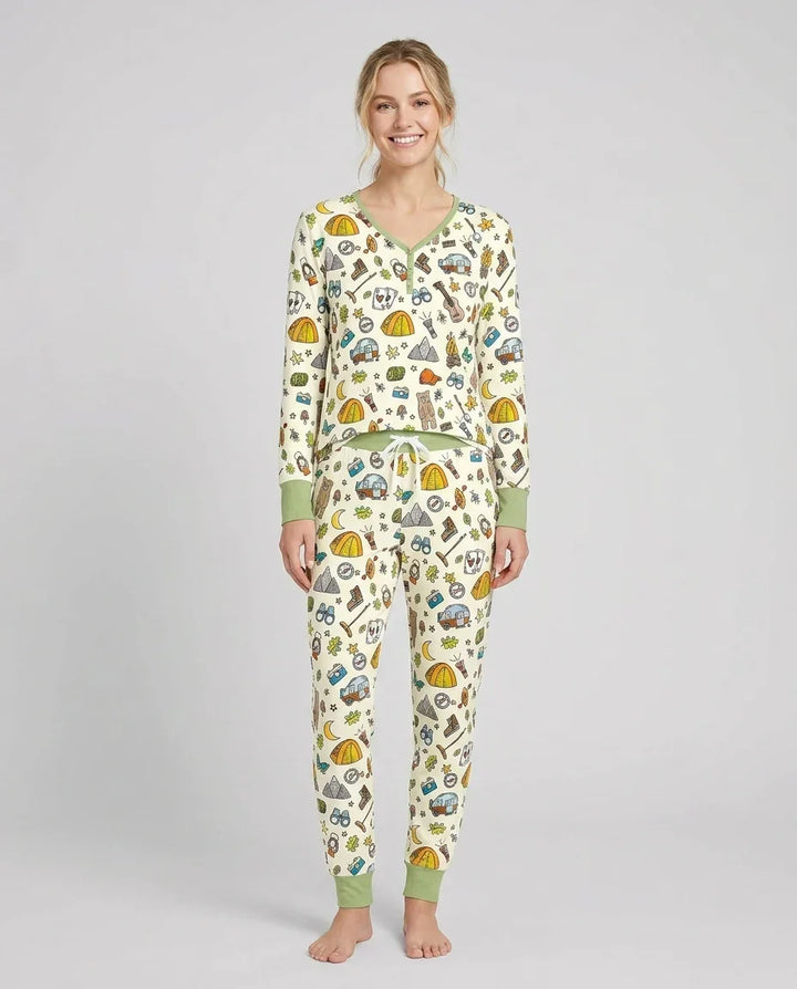 Pyjama-Set für Damen aus Bambus mit passendem „Love Camping“-Familienmotiv