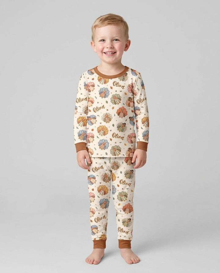 Custom Name Boho Turkey Bamboo Two Piece Long Sleeve Pajama Set