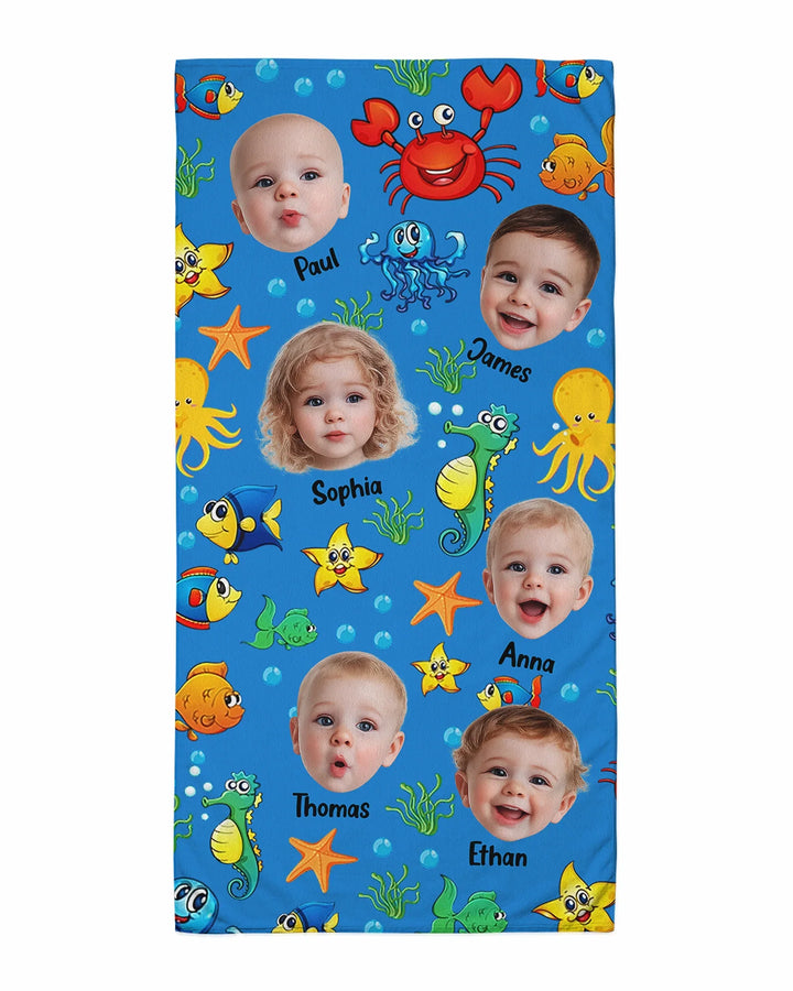 Personalisiertes Foto Niedliches Kindergesicht Aquarell Meerestiere Sommer Bambus Strandtuch