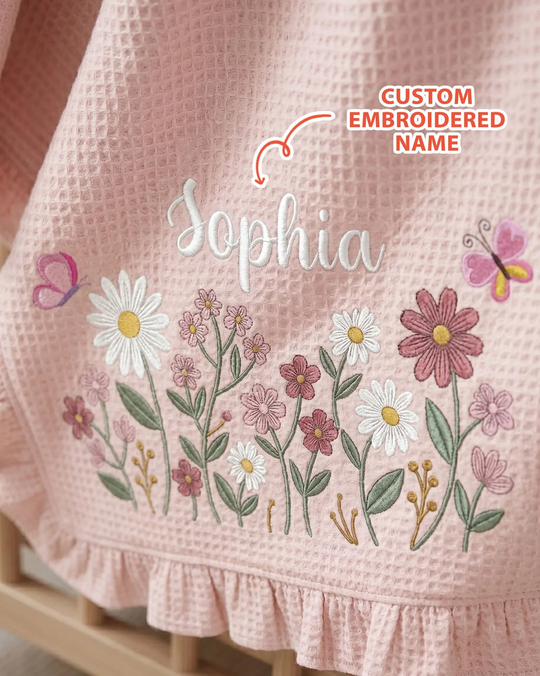 Custom Name With Flower Embroidered Waffle Ruffle Bamboo Blanket