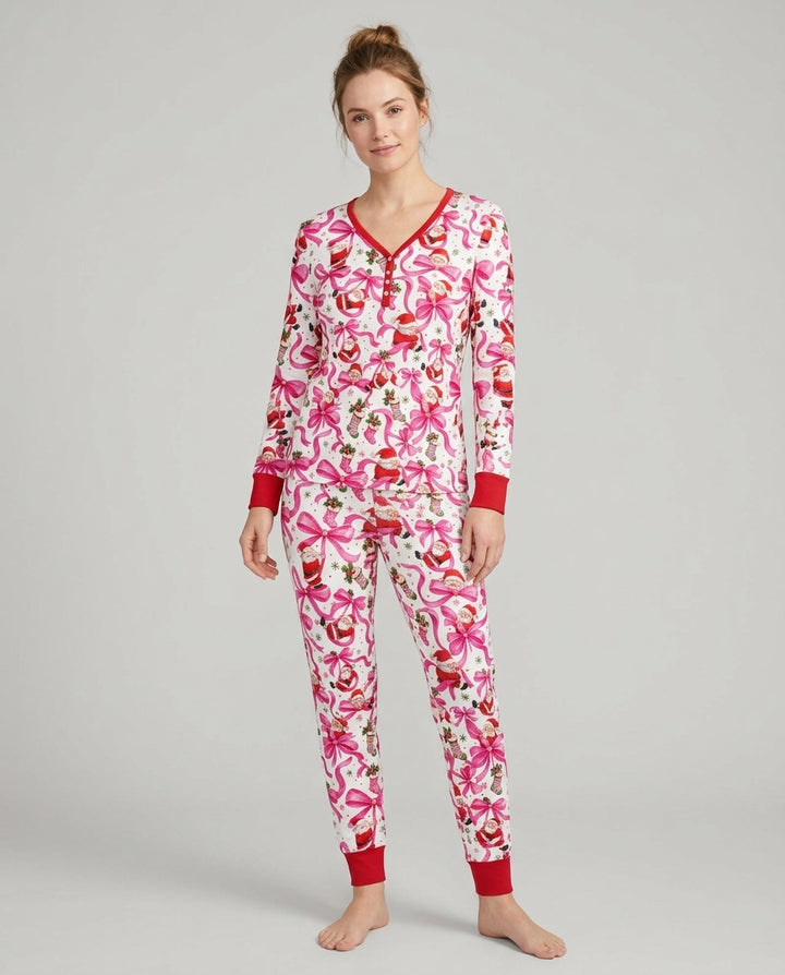 Pink Christmas Santa Bows Bamboo Women Pajama Set