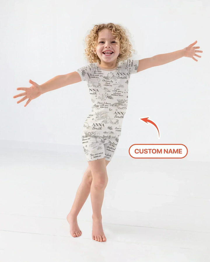 Classic Bear Bible Verse Custom Name Bamboo Two Piece Short Sleeve Shorts Pajama Set
