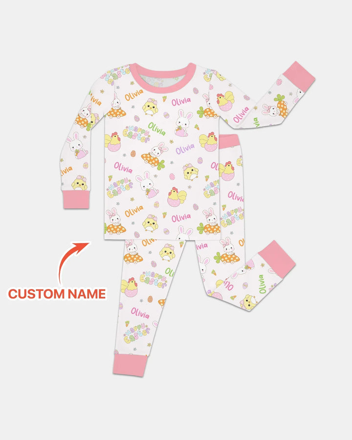 Custom name Happy Easter Bamboo Two Piece Long Sleeve Pajama Set