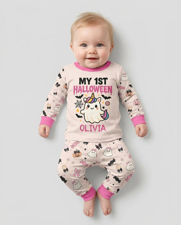 Custom Name Cute Ghost My First Halloween  Bamboo Two Piece Long Sleeve Pajama Set