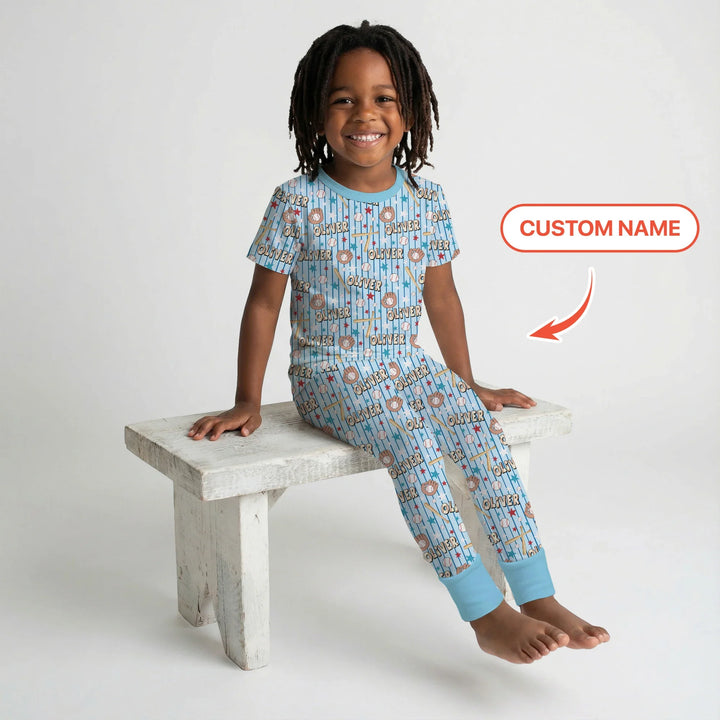 Custom name Little Baller Bamboo Two Piece Short Sleeve Pajama Set