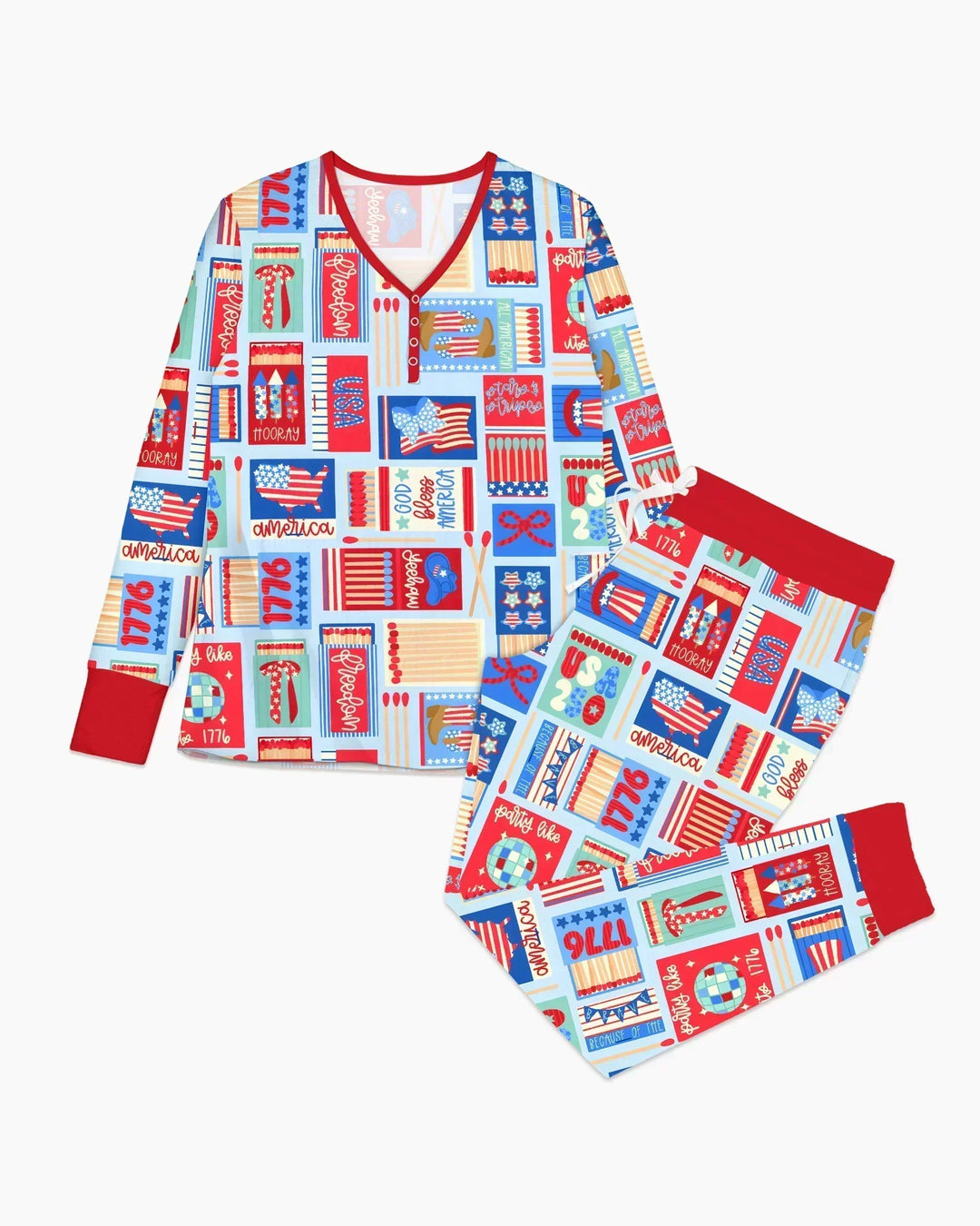 Patriotisches Streichholzschachtel-Pyjama-Set aus Bambus für Damen im Partnerlook