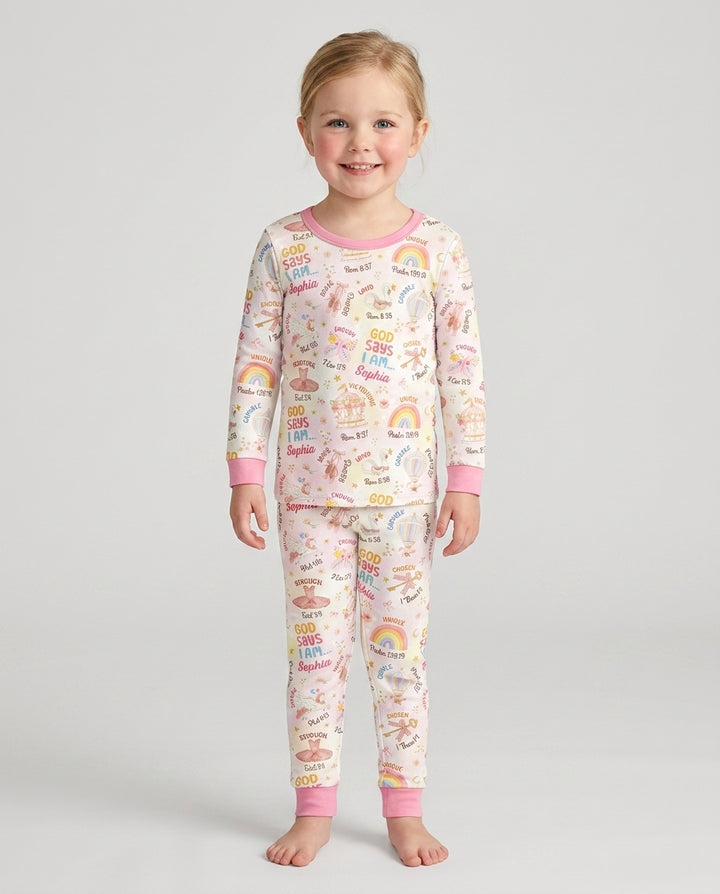 God Says I Am- Ballerina Custom Name Bamboo Two Piece Long Sleeve Pajama Set