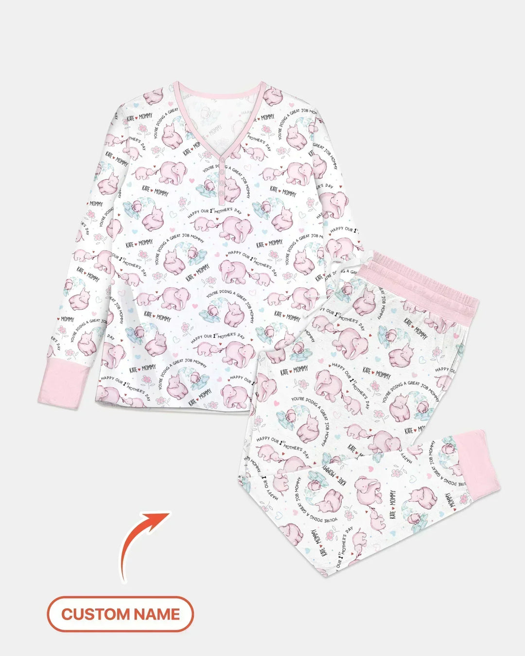 Pyjama-Set für Damen mit Namen, Mutter- und Baby-Elefant aus Bambus