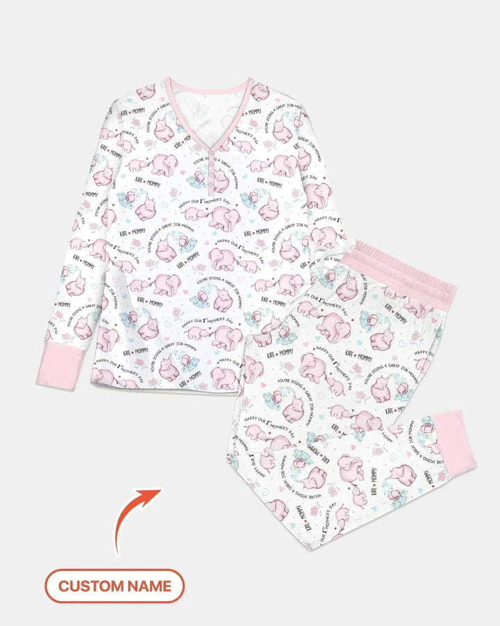 Pyjama-Set für Damen mit Namen, Mutter- und Baby-Elefant aus Bambus