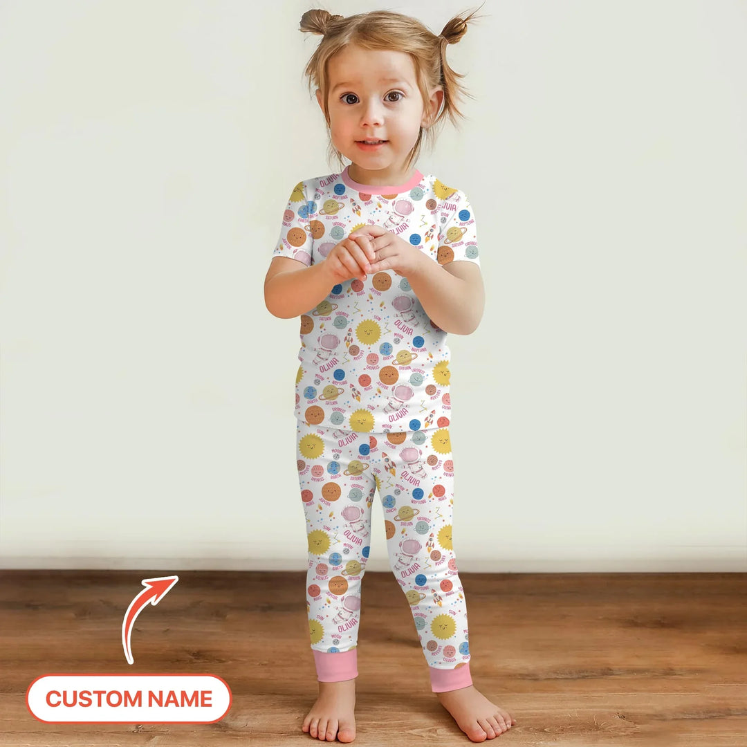 Custom Name Little's Kid into Universer Bamboo Two Piece Short Sleeve Pajama Set