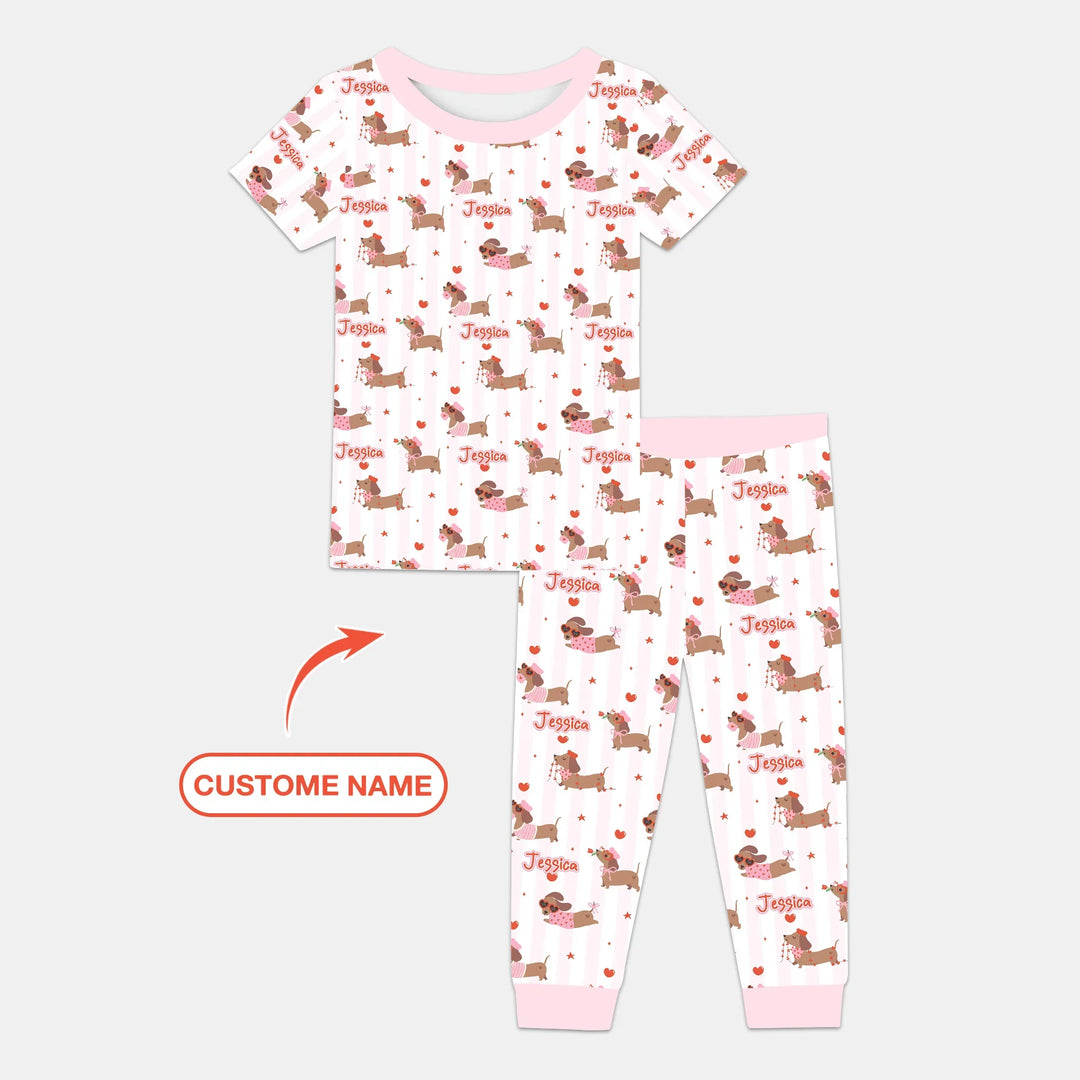 Custom Name Valentine Dachshund Family Matching Bamboo Two Piece Short Sleeve Pajama Set