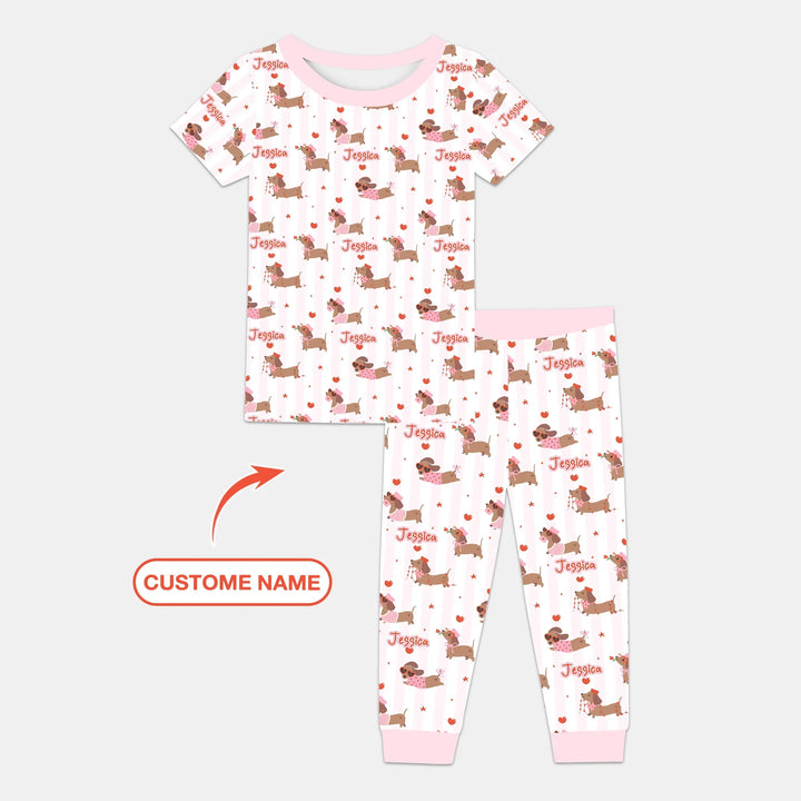 Custom Name Valentine Dachshund Family Matching Bamboo Two Piece Short Sleeve Pajama Set