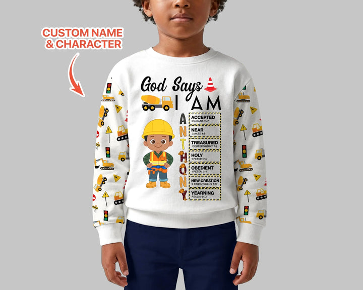 God Says I Am Little Builder Brief in Bibel Bambus Rundhals-Sweatshirt mit individuellem Namen