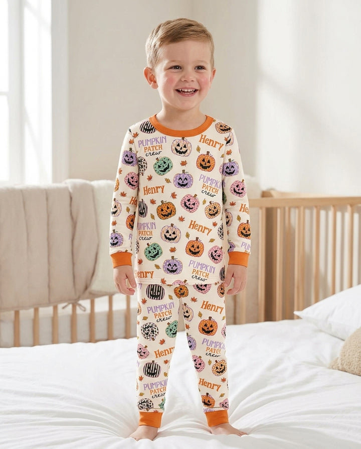 Custom Name Pumpkin Patch Crew Bamboo Two Piece Long Sleeve Pajama Set