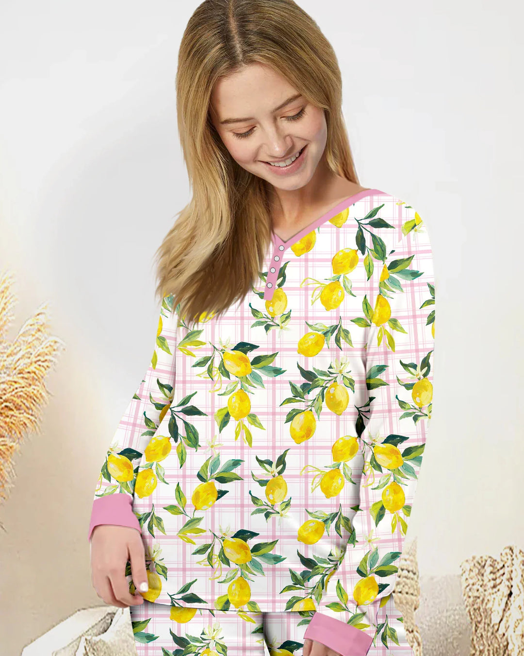 Familien-Pyjama-Set aus Bambus für Damen mit mediterranen Zitronen