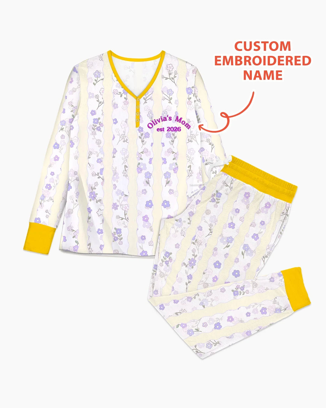 Personalisiert besticktes "Erster Muttertag" Mama-und-Ich-Schlafanzug-Set aus Bambus für Damen