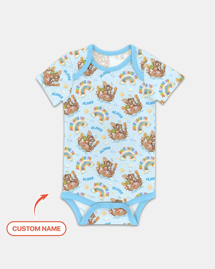 Custom Name Jesus Loves Me Noah's Ark Bamboo Bodysuit