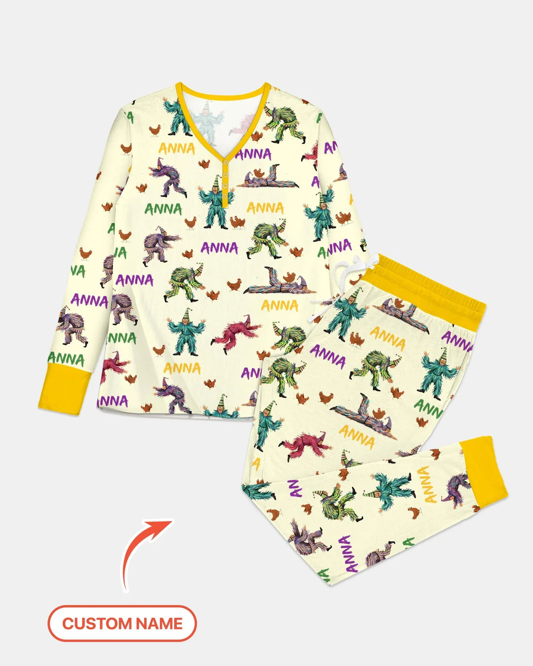 Personalisierter Name Mardi Gras Hühnerjagd Familie Passender Bambus Damen Pyjama-Set
