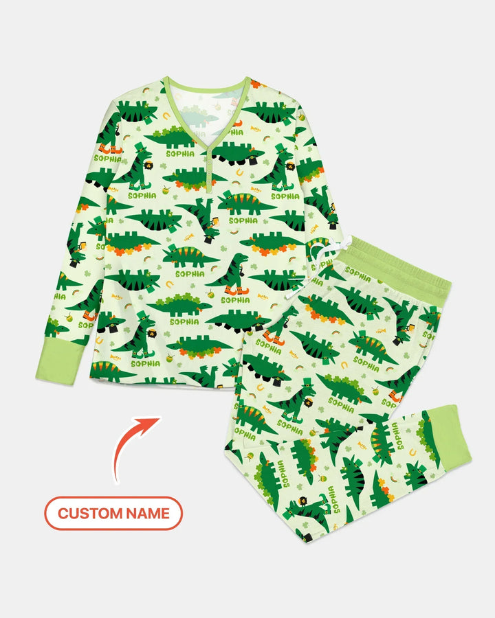 St. Patrick's Day Dinosaurier Pyjama-Set für Damen aus Bambus