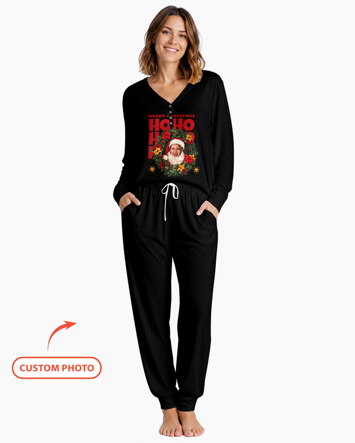 Personalized Photo Christmas Santa Bamboo Women Pajama Set