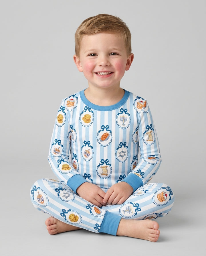 Blue White Jewish Holiday Bamboo Two Piece Long Sleeve Pajama Set