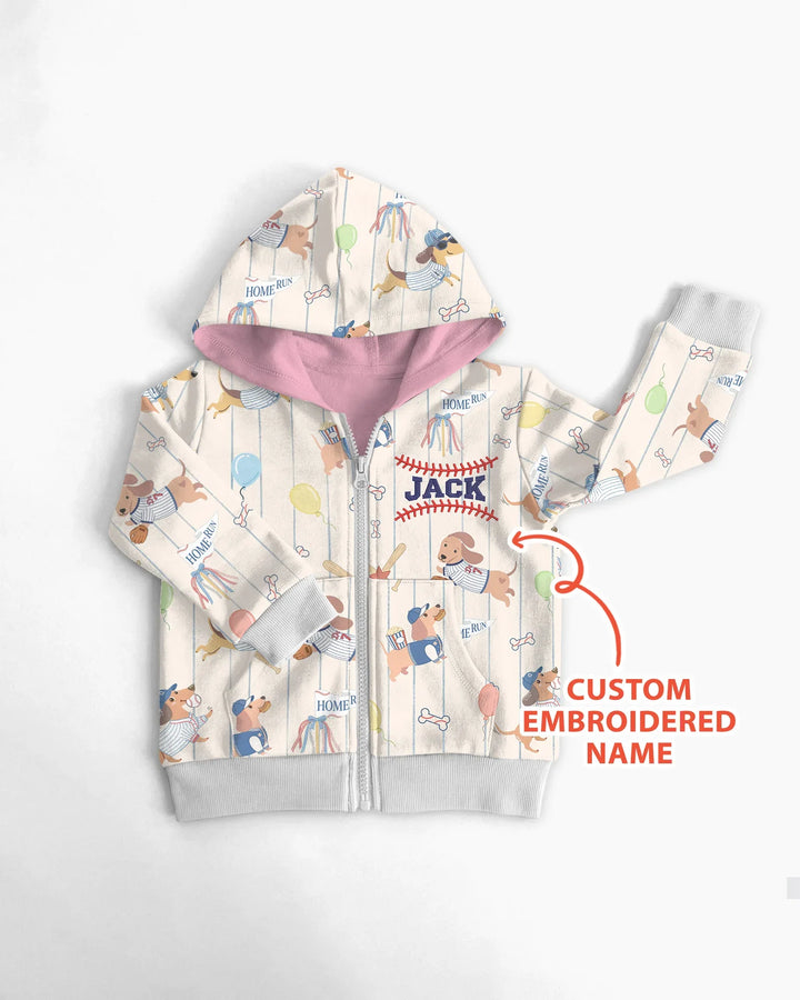 Personalized Embroidered Name Dachshund Baseball Bamboo Zip Hoodie