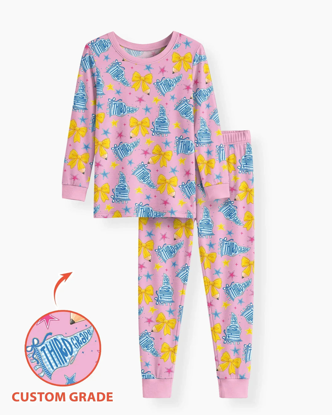 Pencil Bow Back To School Bamboo Two Piece Long Sleeve Pajama Set
