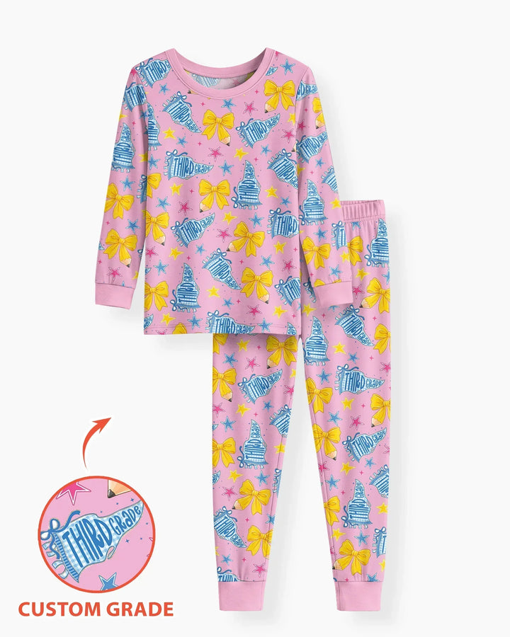 Pencil Bow Back To School Bamboo Two Piece Long Sleeve Pajama Set