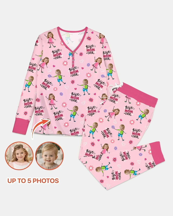 Custom Photo "Best Mom Ever" Doodle Bamboo Women Pajama Set
