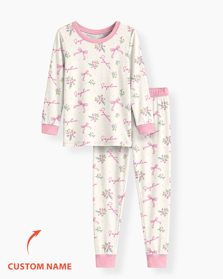 Pastel Ditsy Floral Bow Bamboo Two Piece Long Sleeve Pajama Set