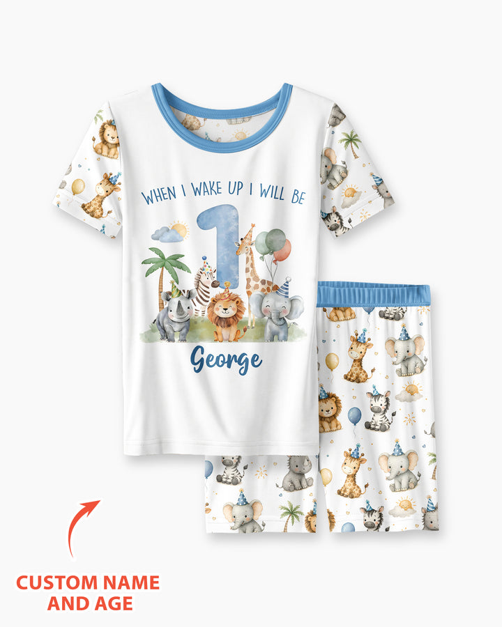 Custom Name Safari Animals When I Wake Up I Will Be Birthday Bamboo Two Piece Short Sleeve Shorts Pajama Set