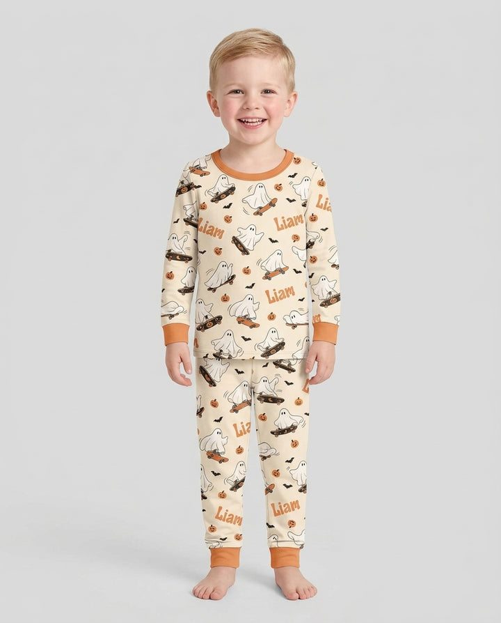 Skateboarding Ghost Halloween Bamboo Two Piece Long Sleeve Pajama Set