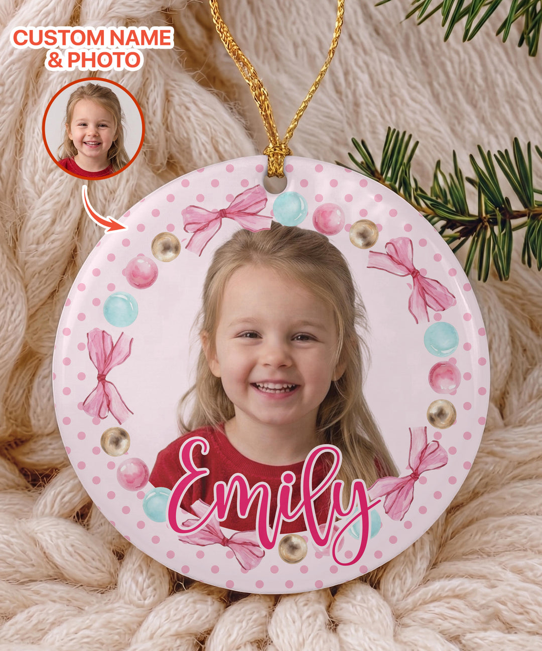 Custom Photo Pink Christmas Keepsake Ceramic Ornament