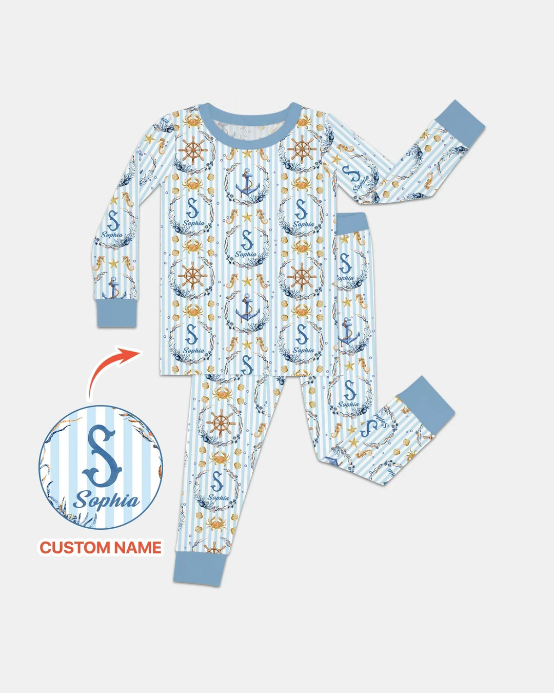 Bon Voyage Custom Name Bamboo Two Piece Long Sleeve Pajama Set