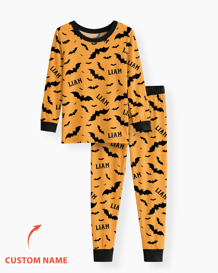 Black Bat Halloween Custom Name Bamboo Two Piece Long Sleeve Pajama Set