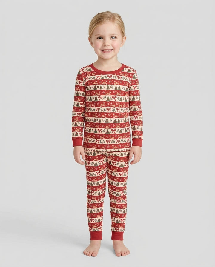 Vintage Reindeer Christmas Stripes Bamboo Two Piece Long Sleeve Pajama Set